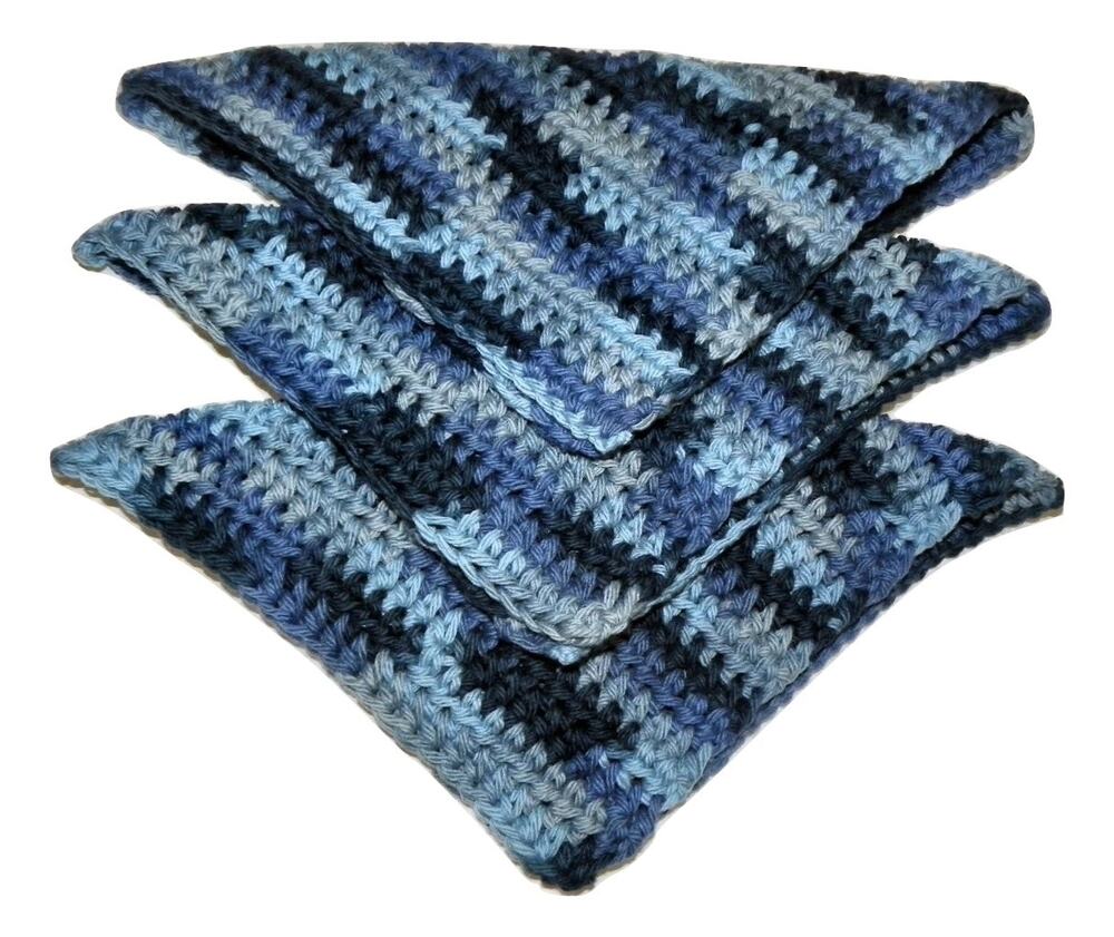 (3) Handmade Crocheted Dishcloths Washcloths 100% Cotton Blue Camo Ombre